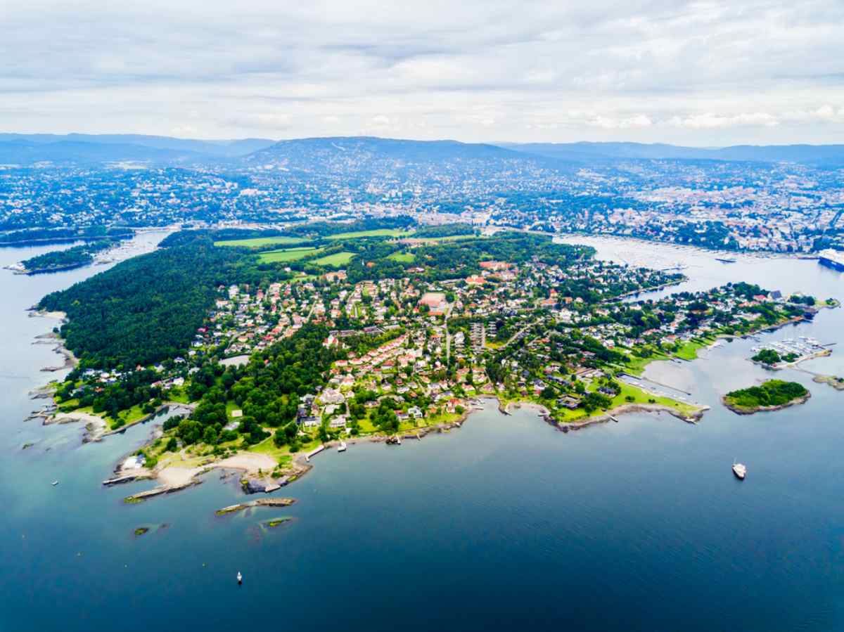 Panoramic aerial view of Bygdøy Peninsula and the Oslo Fjord, Norway.