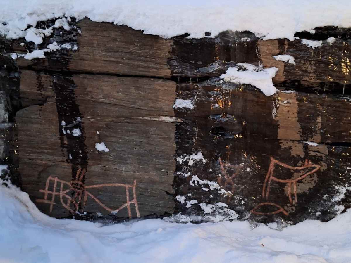 Ancient petroglyphs carved into rock, partially covered by snow.