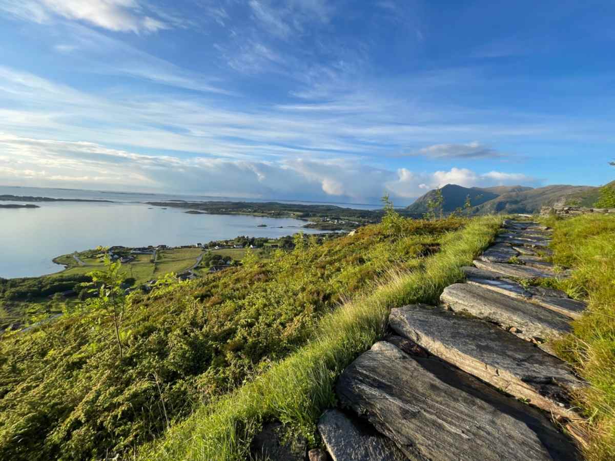 Scenic stone path overlooking fjords and green landscapes under a blue sky.