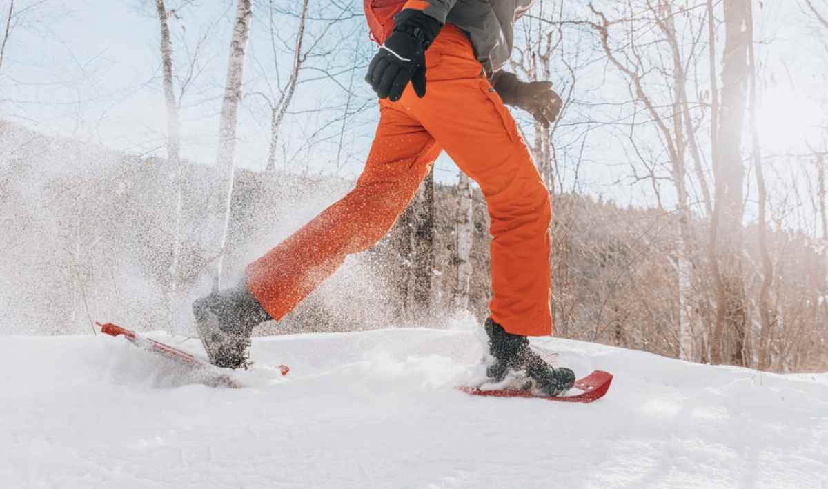 Person snowshoeing on a sunny winter day in the forest.