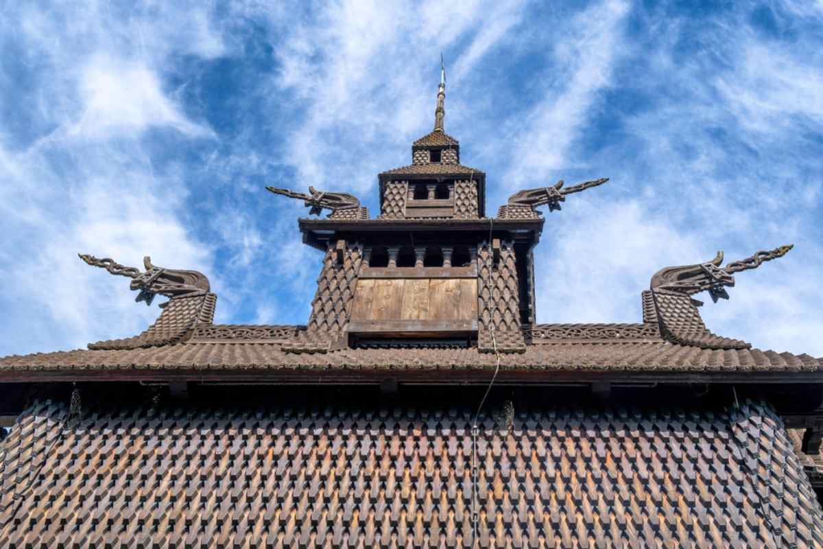 Wooden roof with dragon carvings at Fantoft Stave Church in Bergen.