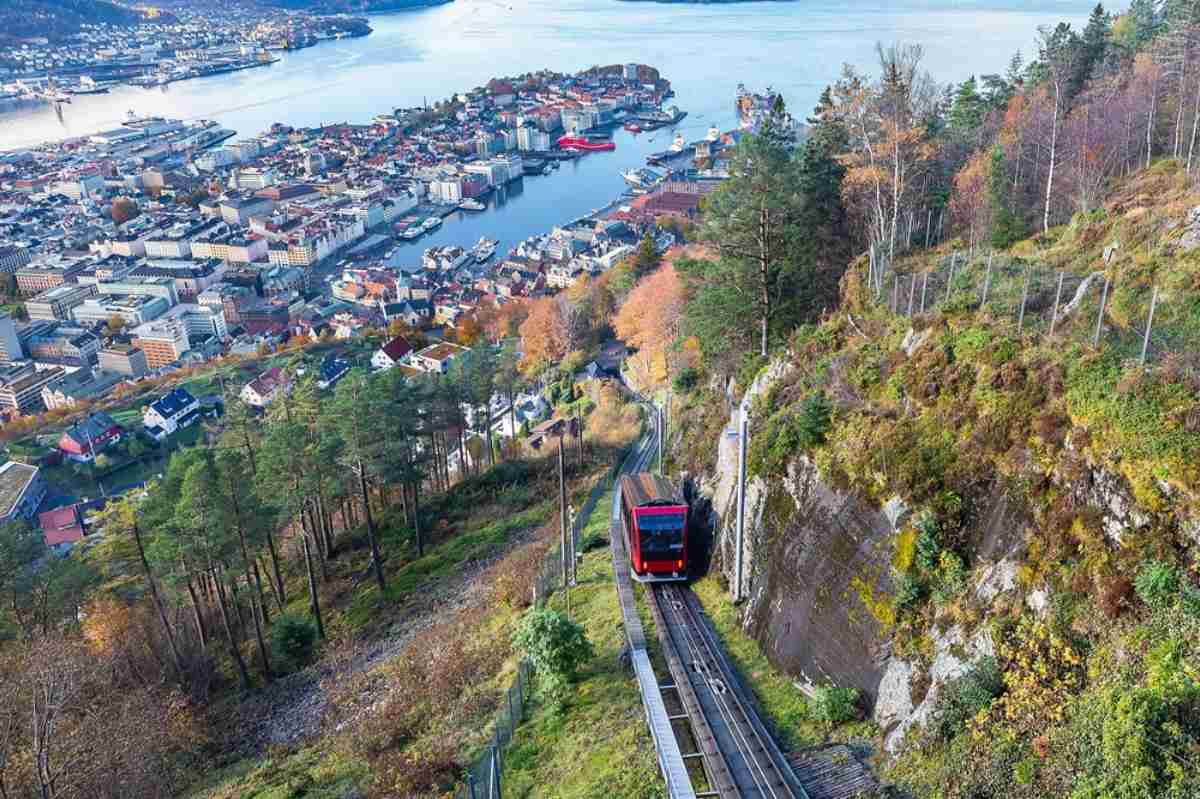 Fløibanen funicular railway climbing Mount Fløyen with panoramic view over Bergen city and harbor.