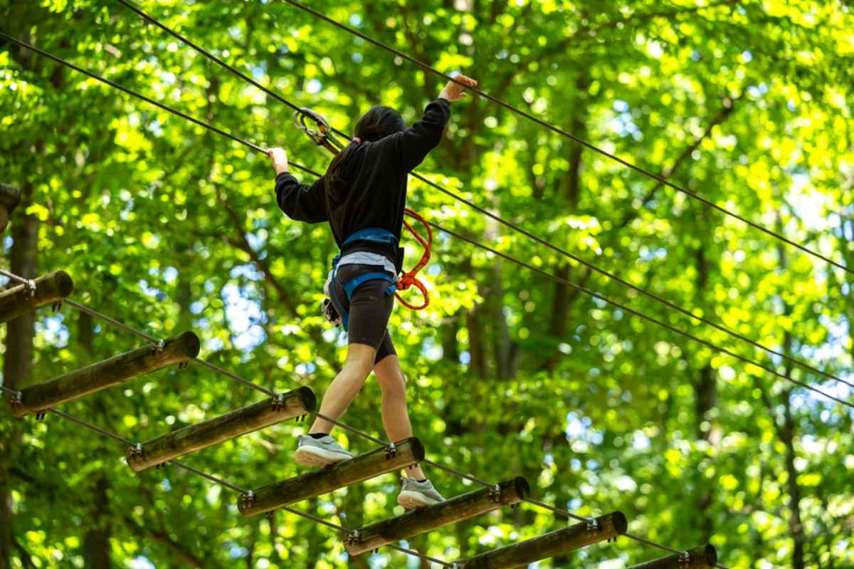 Person balancing on ropes and wooden steps in an outdoor climbing park.