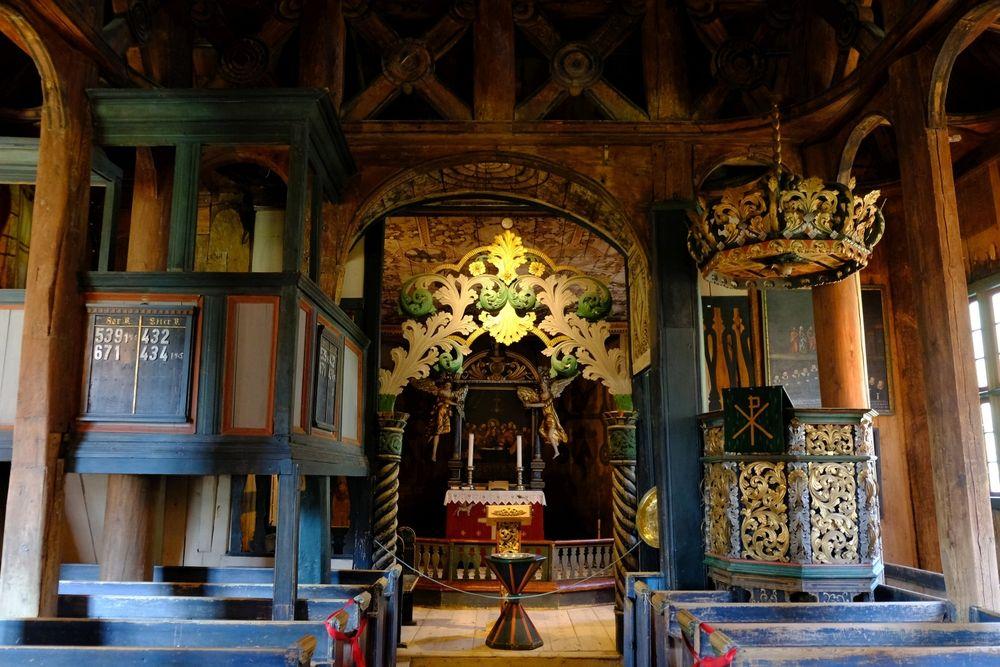 Inside Lom Stave Church in Norway