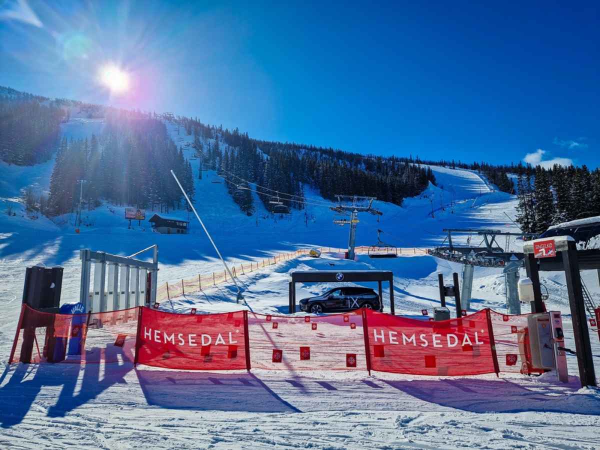 Ski lift and slopes at Hemsedal ski resort in Norway on a sunny winter day.