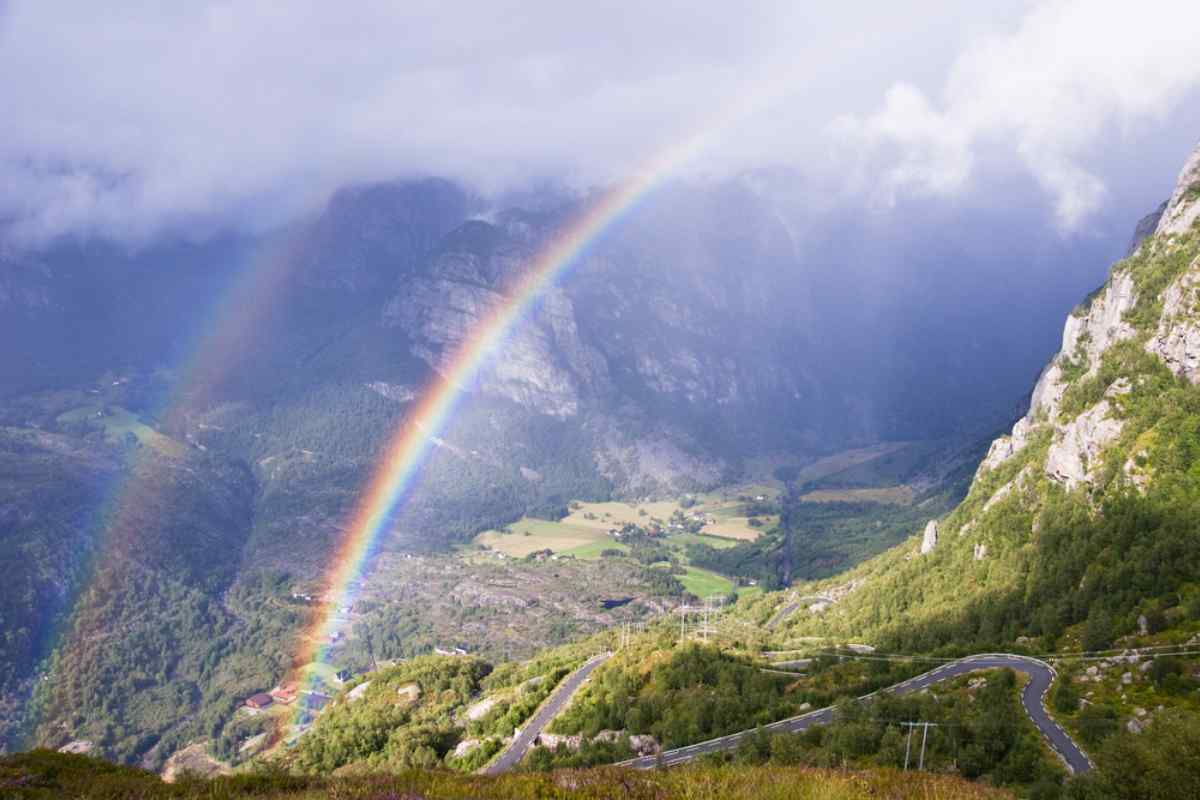Weather in Norway Double rainbow arches over a Norwegian mountain valley, winding road and farms below, misty cliffs and sunlit clouds after a passing storm.