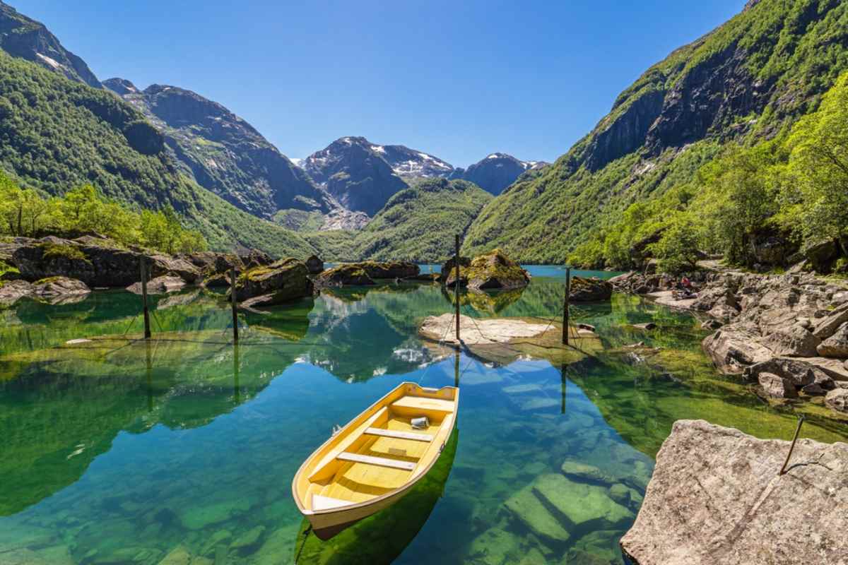 Hiking Bondhusvatnet Yellow rowboat floating on crystal clear green water in a mountain lake, surrounded by rocky shores and steep forested peaks under a bright blue sky.