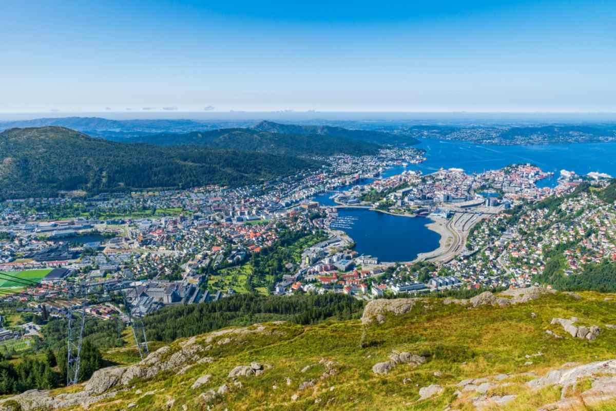 Mount Ulriken Panoramic view of Bergen from above, with the city center, harbor, surrounding hills, and coastline stretching into the distance on a clear day.