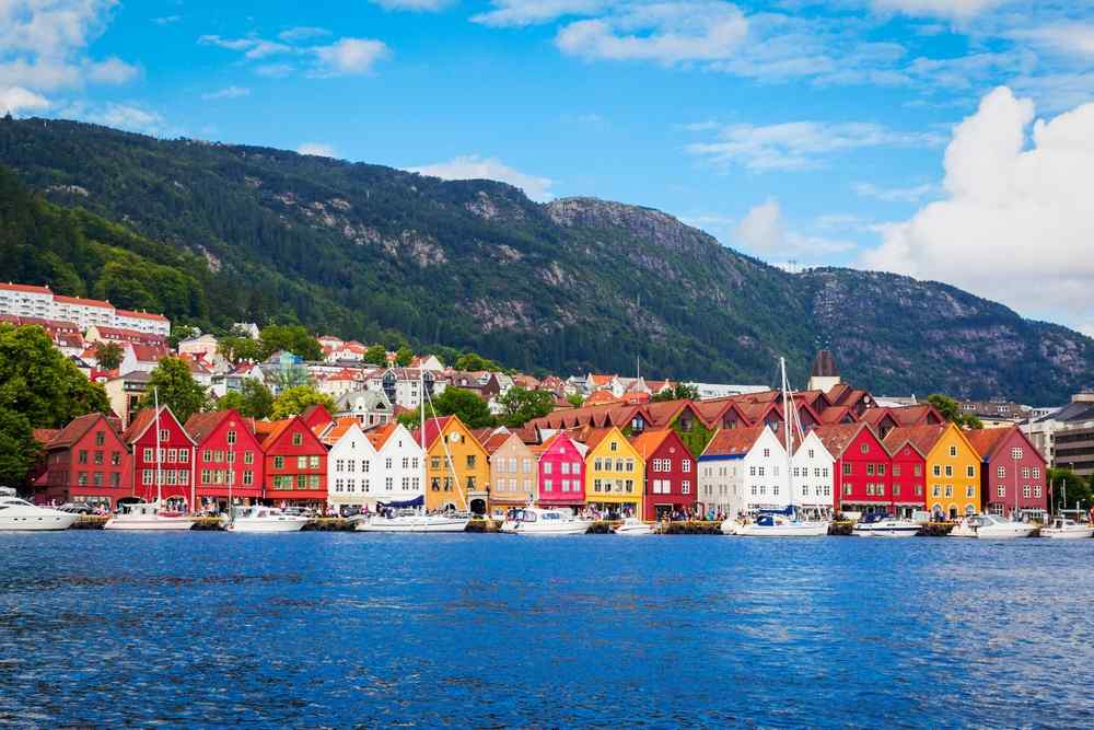 Bergen, Norway Colorful wooden houses along the Bryggen waterfront in Bergen, Norway.